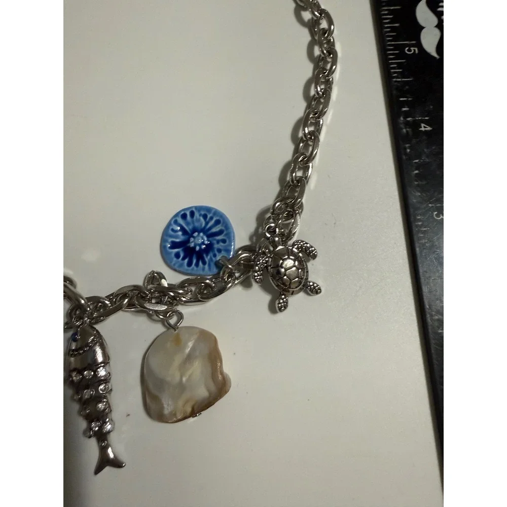 Silver Tone Ocean Charm Chunky Chain Necklace Turtle Fish Shell Pearl 18-20